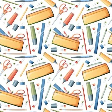 Seamless pattern with pencils, markers, scissors. School seamless background. Stockillustratie
