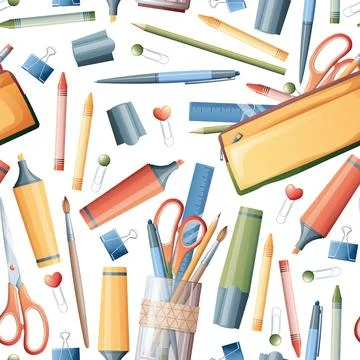 Seamless pattern with pencils, markers, scissors. School seamless background. Stock Illustration