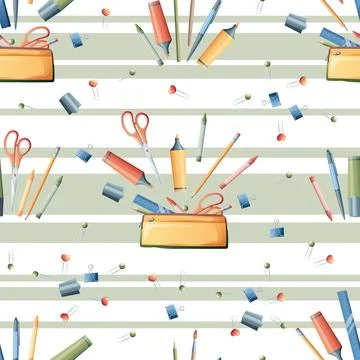 Seamless pattern with pencils, markers, scissors on a striped print. School s Stock Illustration