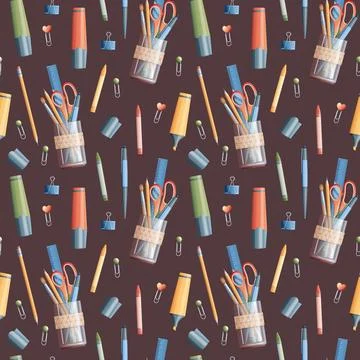 Seamless pattern with pencils, markers, scissors on a dark background. School イラスト素材