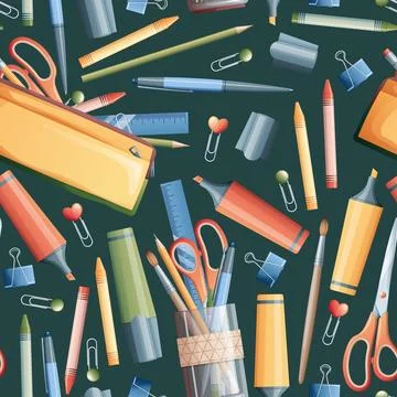 Seamless pattern with pencils, markers, scissors on a dark background. School イラスト素材