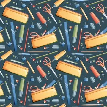 Seamless pattern with pencils, markers, scissors on a dark background. School Illustrazione stock