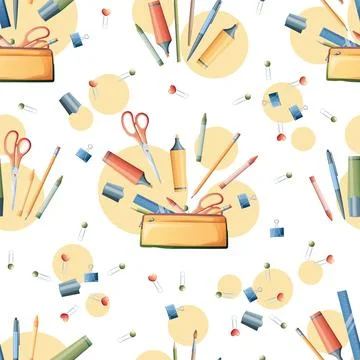 Seamless pattern with pencils, markers, scissors on a light background. Schoo Stockillustratie