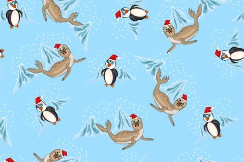 Seamless pattern with penguin and seal on blue background. Stock Illustration