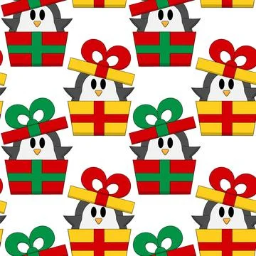 Seamless pattern with Penguin in Christmas gift box Stock Illustration