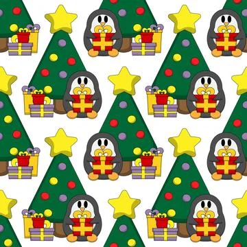 Seamless pattern with Penguin with Christmas Tree Stock Illustration