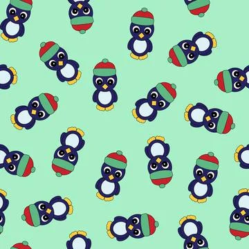 Seamless Pattern with Penguin on Green Background. Stock Illustration