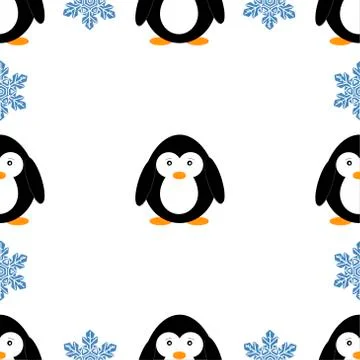 Seamless pattern with penguins and snowflakes. Cute penguin cartoon vector  Stock Illustration