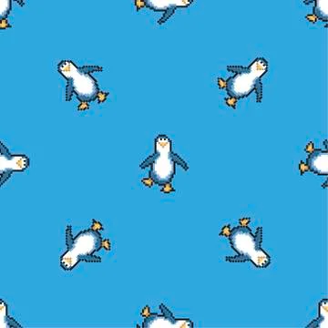 Seamless pattern with penguins on blue background. Cute pixel penguins. 8 bit Stock Illustration