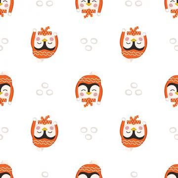 Seamless pattern with penguins in children style with holiday decorations for Stock Illustration