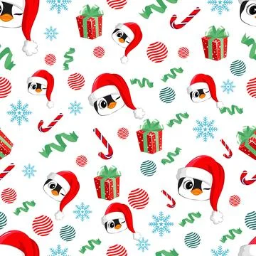 Seamless pattern with penguins. Cute penguin cartoon illustration. Christma.. Stock Illustration