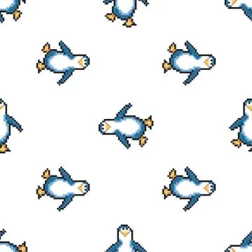 Seamless pattern with penguins. Cute pixel penguins. 8 bit vector  Stock Illustration