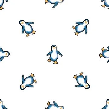 Seamless pattern with penguins. Cute pixel penguins. 8 bit vector  스톡 일러스트