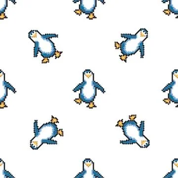Seamless pattern with penguins. Cute pixel penguins. 8 bit vector  Illustrazione stock