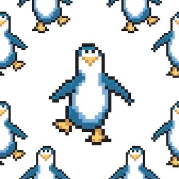 Seamless pattern with penguins. Cute pixel penguins. 8 bit vector  Stock Illustration