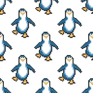 Seamless pattern with penguins. Cute pixel penguins. 8 bit vector  Stock Illustration
