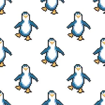 Seamless pattern with penguins. Cute pixel penguins. 8 bit vector  스톡 일러스트