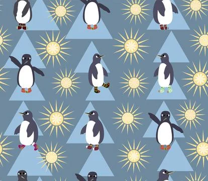 A seamless pattern with penguins in different poses and socks on their flippe Stock Illustration