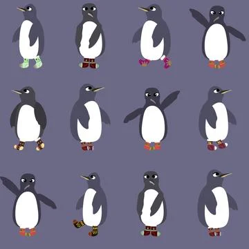 A seamless pattern with penguins in different poses and socks on their flippe Stock Illustration
