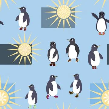 A seamless pattern with penguins in different poses and socks on their flippe Stock Illustration