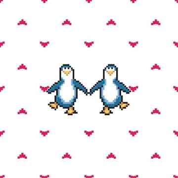 Seamless pattern with penguins in love. Cute pixel penguins. 8 bit vector  Stock Illustration