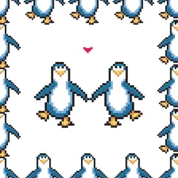Seamless pattern with penguins in love. Cute pixel penguins. 8 bit vector イラスト素材