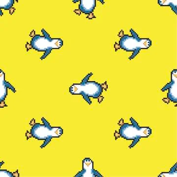 Seamless pattern with penguins on yellow background. Cute pixel penguins.  Stock Illustration