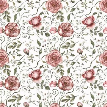 Seamless pattern with peonies and greenery. Floral vintage ornament Stock Illustration