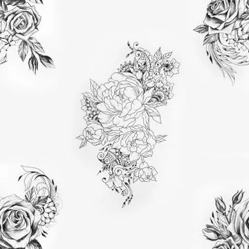 Seamless pattern of peonies and roses on a white background. Stock Illustration