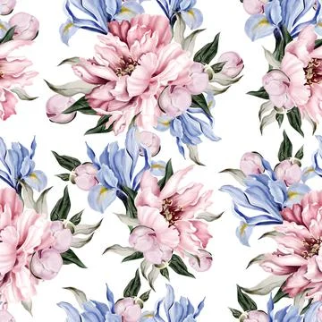 Seamless pattern of peony and crocus, green leaves. Floral wedding card. wa.. Stock Illustration