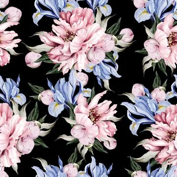 Seamless pattern of peony and crocus, green leaves. Floral wedding card. wa.. Stock Illustration