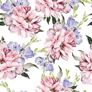 Seamless pattern of peony and crocus, green leaves. Floral wedding card. wa.. Stock Illustration