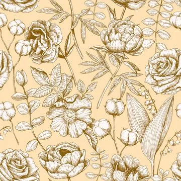 Seamless pattern with peony and eucalyptus in victorian engraving style. Ve.. Stock Illustration