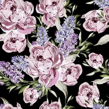 Seamless pattern of peony and geocinth, green leaves. Floral wedding card. .. Illustrazione stock