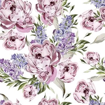 Seamless pattern of peony and geocinth, green leaves. Floral wedding card. .. Stock Illustration