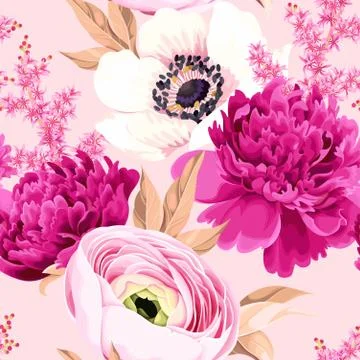 Seamless pattern with peony and ranunculus Stock Illustration