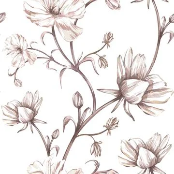 Seamless pattern peony branch isolated on white background. Watercolor hand Stock Illustration