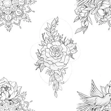 Seamless pattern peony with ornament and bird with mandala on white background. Stock Illustration