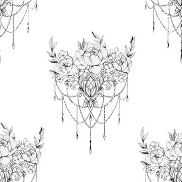 Seamless pattern peony with ornament on a white background. Stock Illustration