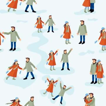 Seamless pattern from people. The loving couple walks in the winter. Vector Stock Illustration