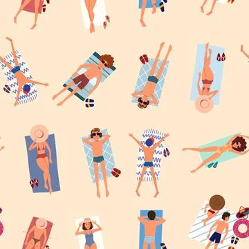 Seamless pattern with people on the sand relaxing and sunbathing. Stock Illustration
