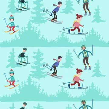 Seamless pattern with people skiing in the snowing forest Stock Illustration