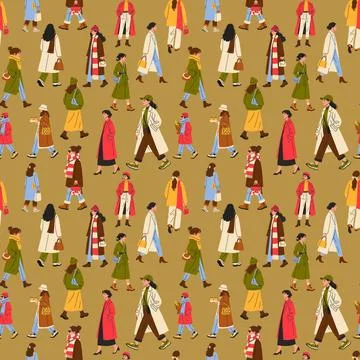 Seamless Pattern of People in Stylish Winter Outfits Stock Illustration