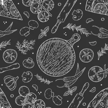 Seamless pattern Pepperoni pizza with cheese, tomato, garlic, basil, olive Stock Illustration