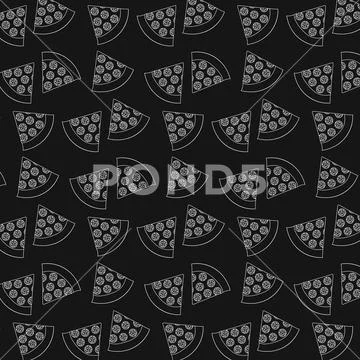 Seamless pattern with pepperoni pizza slices with white outline on dark ...