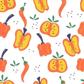 Seamless pattern with peppers. Red, pepper slices, chili and bell peppers bac Stock Illustration