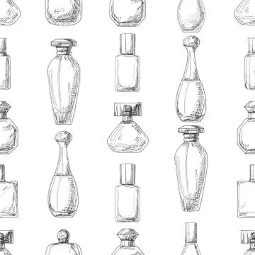Seamless pattern with perfume bottles.  Vector illustration of a sketch style Stock Illustration