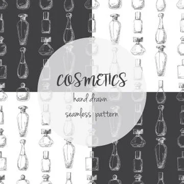 Seamless pattern with perfume bottles. Vector illustration of a sketch style. Stock Illustration