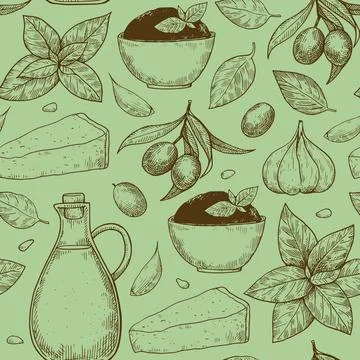 Seamless pattern with pesto sauce elements, basil leaves, garlic, parmesan .. 스톡 일러스트