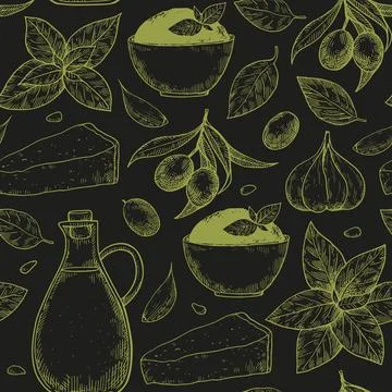 Seamless pattern with pesto sauce elements, basil leaves, garlic, parmesan .. Stock Illustration